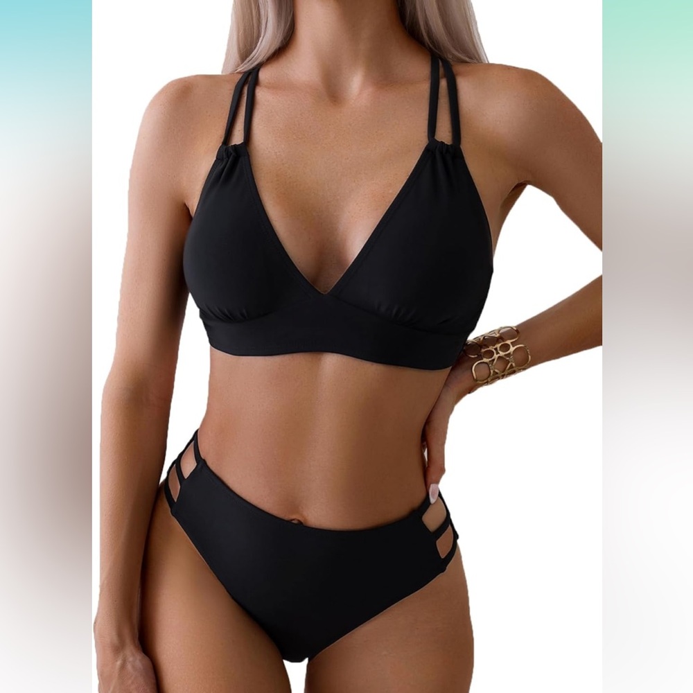 🚘Black Strappy Bikini Set sexy V neck hollowed out bottoms 2 pc cutout mid waist